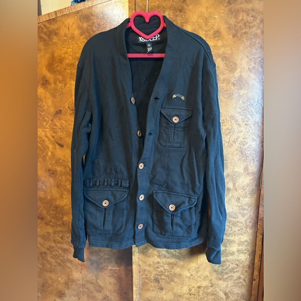 Ten 10.Deep black veterans card fleece cardigan sweater